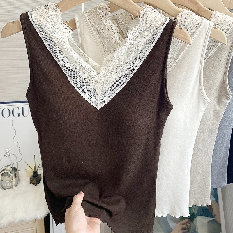 咖啡色带胸垫背心女内搭文胸一体秋冬磨毛加绒保暖内衣舒适打底