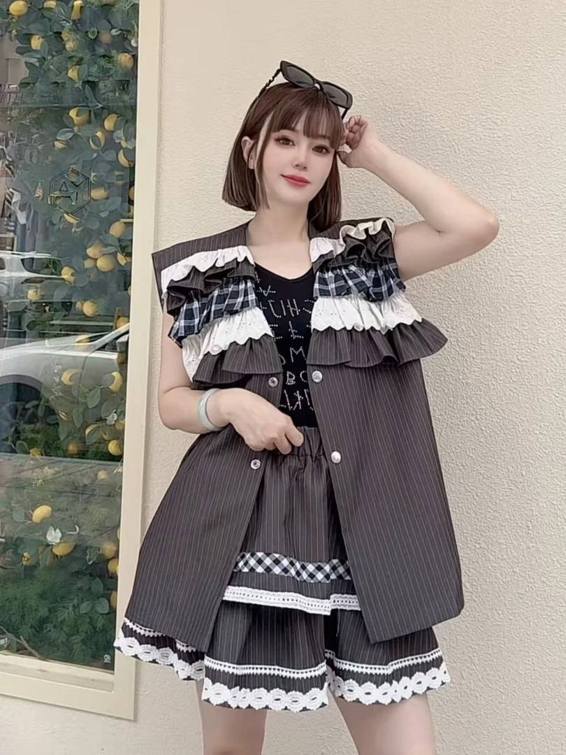 两件套套装复古木耳边条纹进口西装马夹➕荷叶边半裙