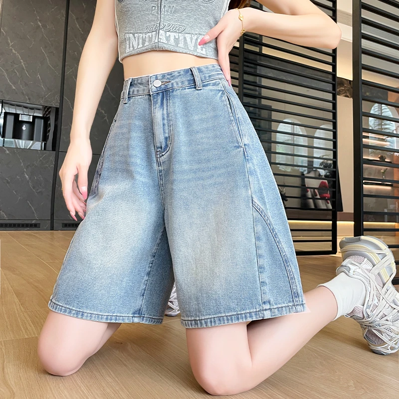 弯刀五分牛仔裤女2025年夏季薄款高腰显瘦宽松a字阔腿裤花苞短裤