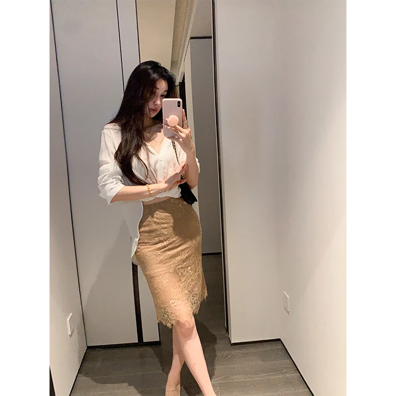 ACHI大也池◆花序~鎏金蕾丝微透半身裙女性感中长款弹力修身包臀裙