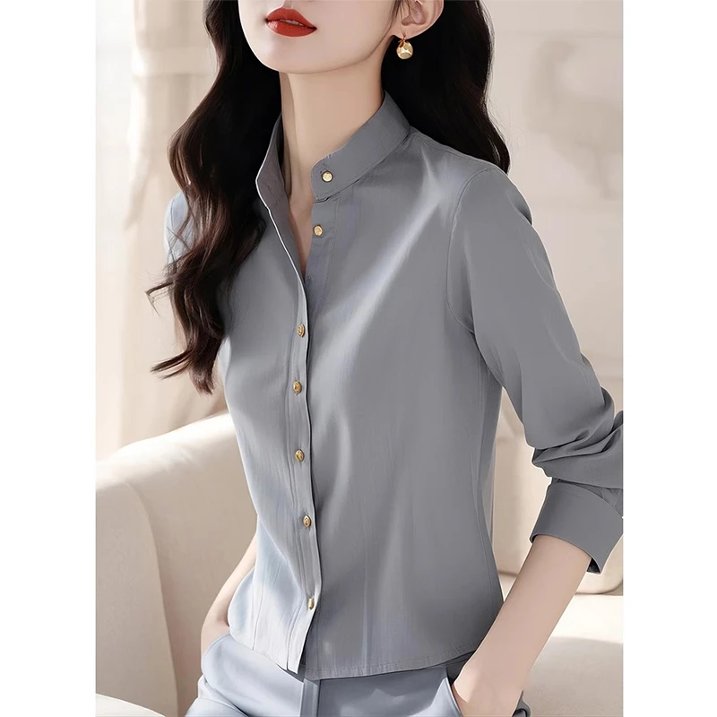 高级感2025春季时尚洋气百搭独特别致小众高级感通勤灰色收腰衬衫