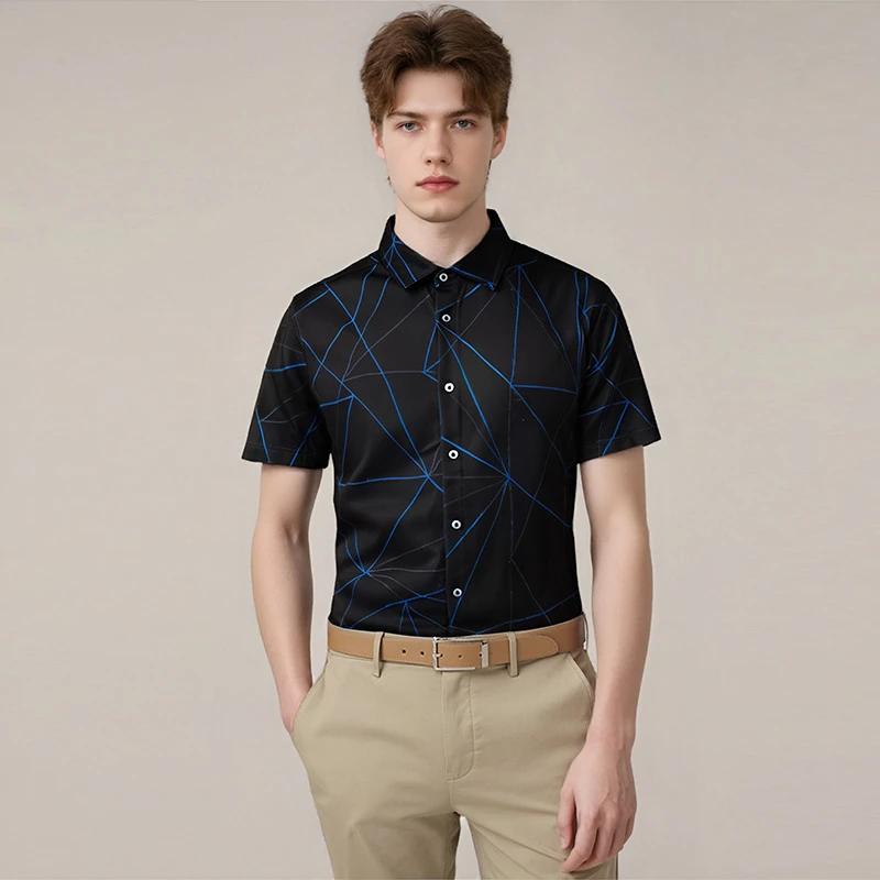 凉爽透气亲肤 弹力色织提花 夏季时尚休闲男士短袖衬衫衣B3614