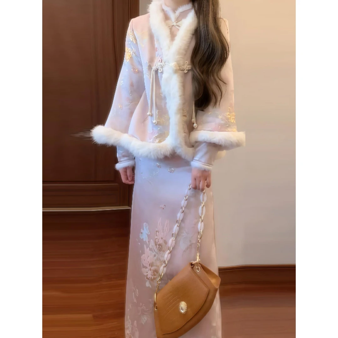 独特绝美小套装冬装名媛新中式粉色小香风外套旗袍连衣裙两件套裙