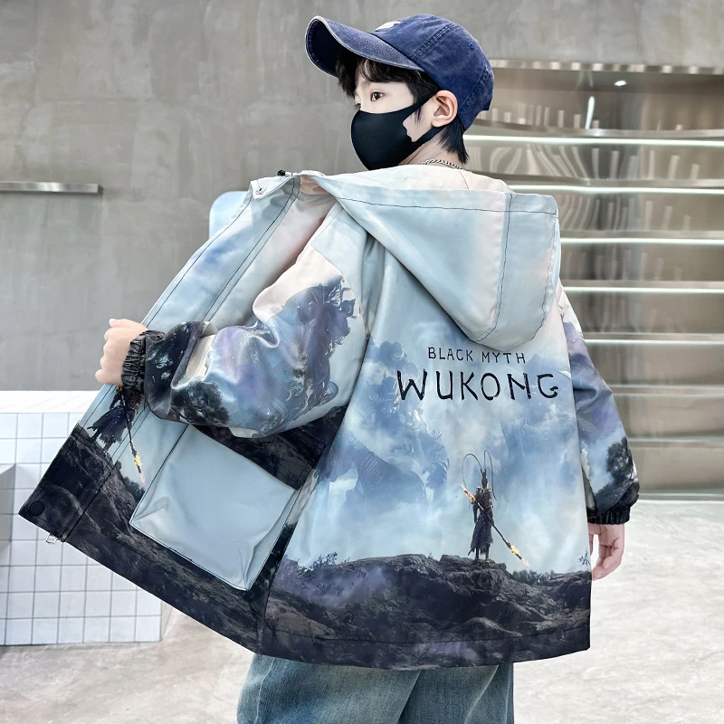 男童外套黑神话悟空春秋款卡通派克服2024冲锋衣秋风衣季童装棉衣