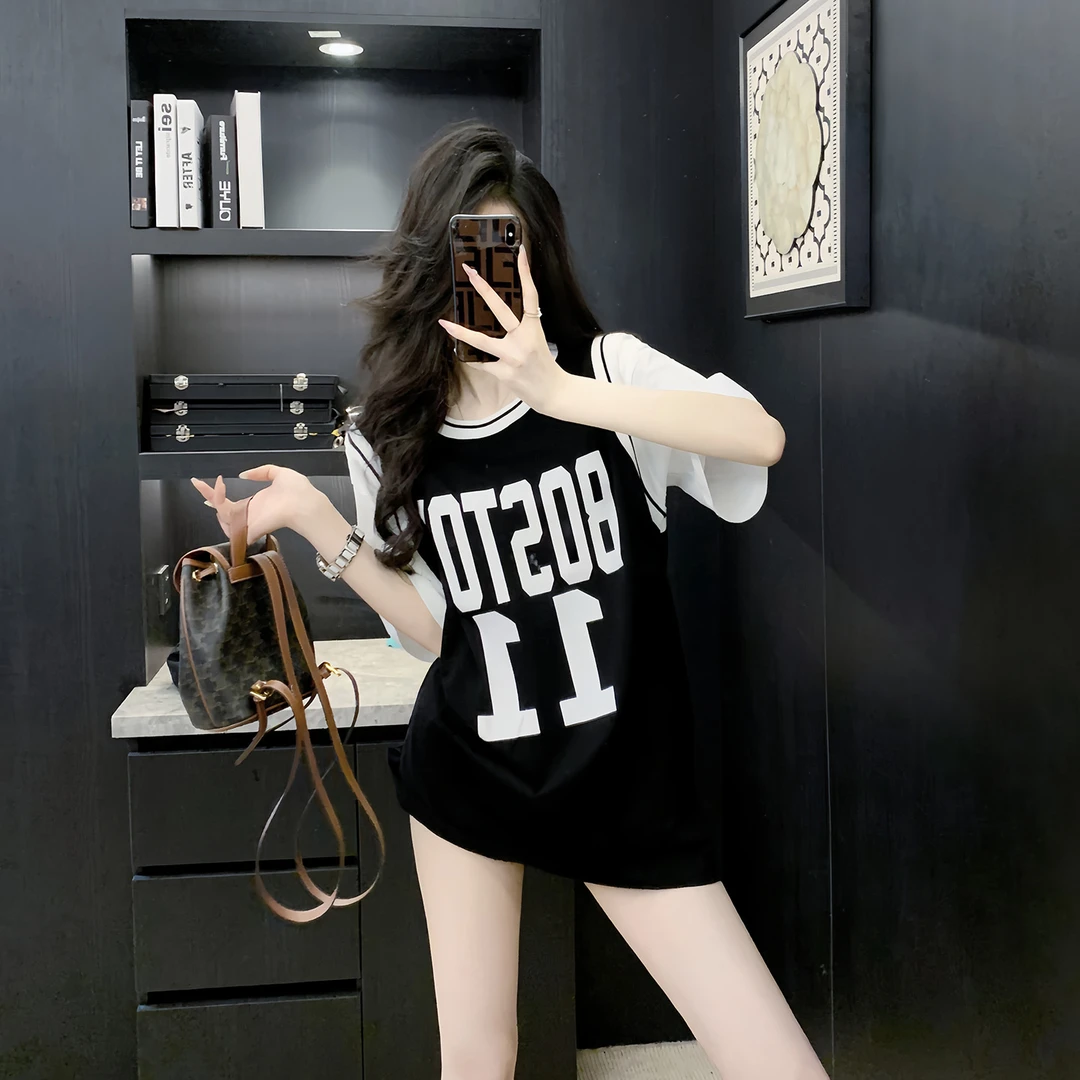 黑色假两件短袖女t恤夏季2025新款高级小众不撞款独特漂亮上衣女