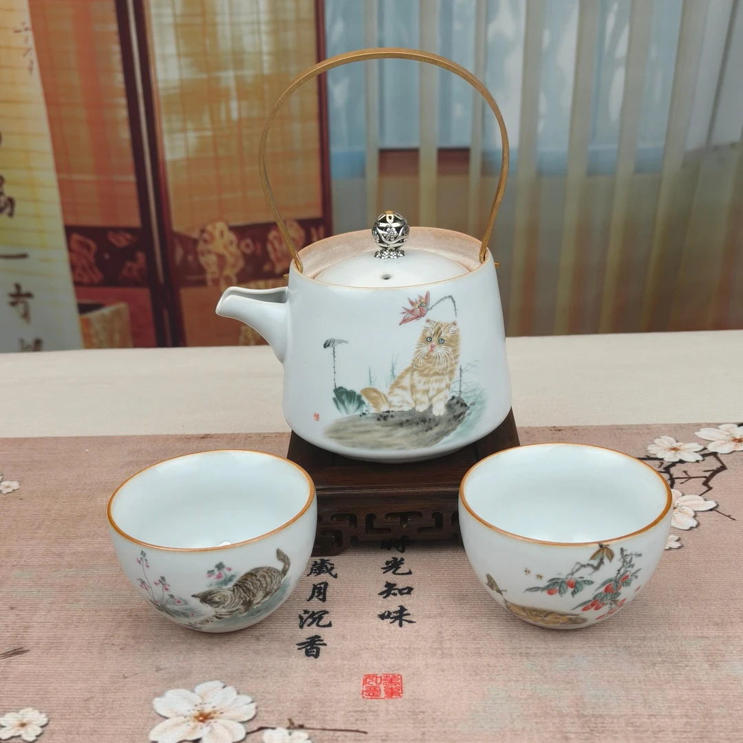 月白汝窑猫咪提梁壶套装