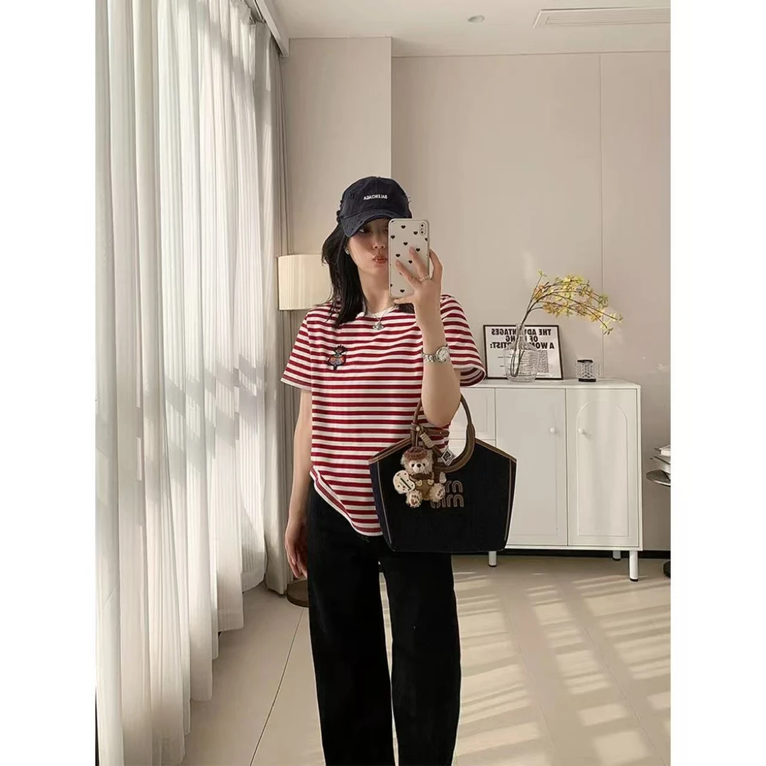 CANTIILAR “小禾T”水柔棉针织布圆领条纹T恤   DX431