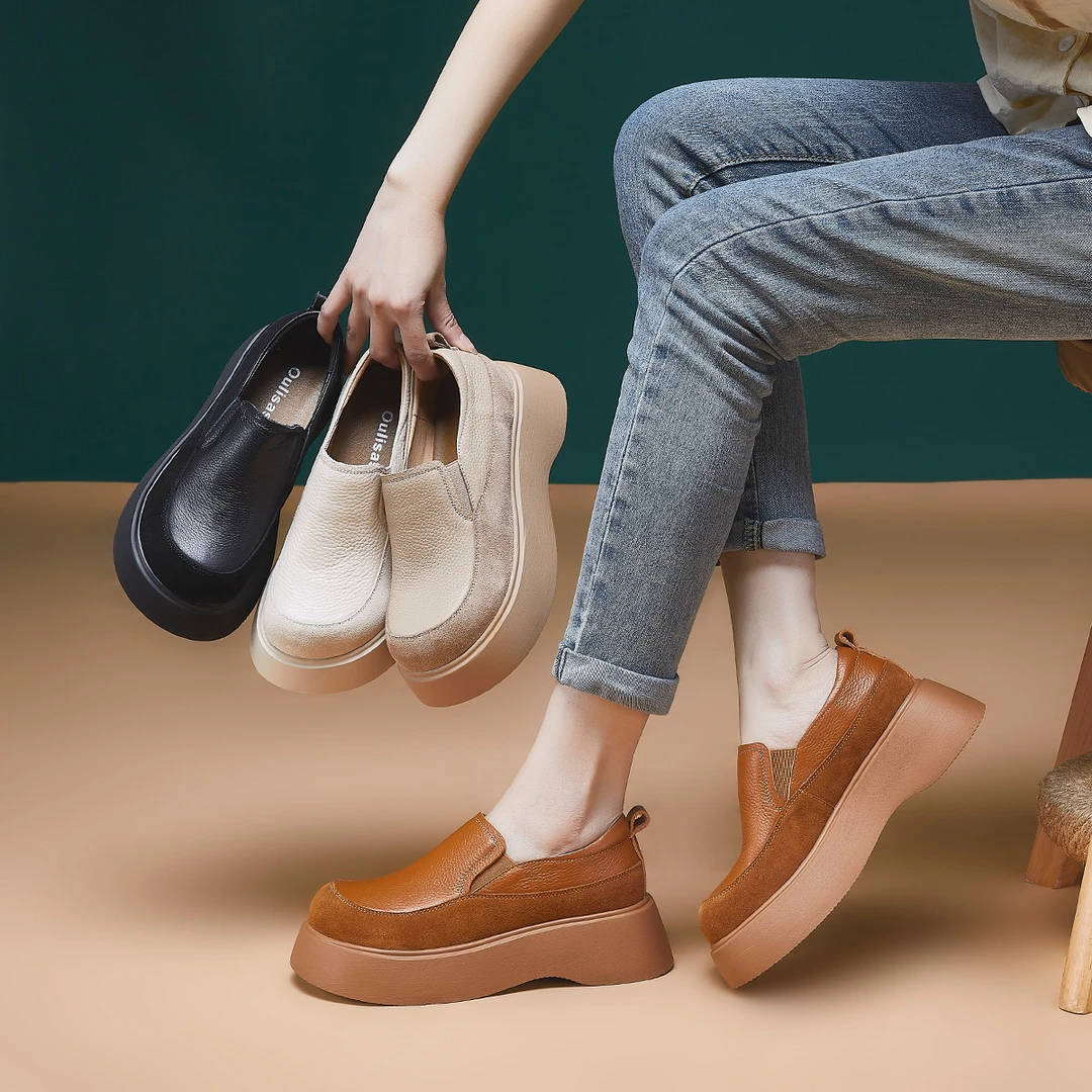 [唐诗]头层牛皮女单鞋2025春季新款一脚蹬厚底5公分牛皮鞋