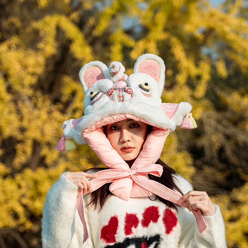 芽小七原创设计鹑尾粉色醒狮丝棉帽滑雪冬天撞色防寒保暖亲子防风