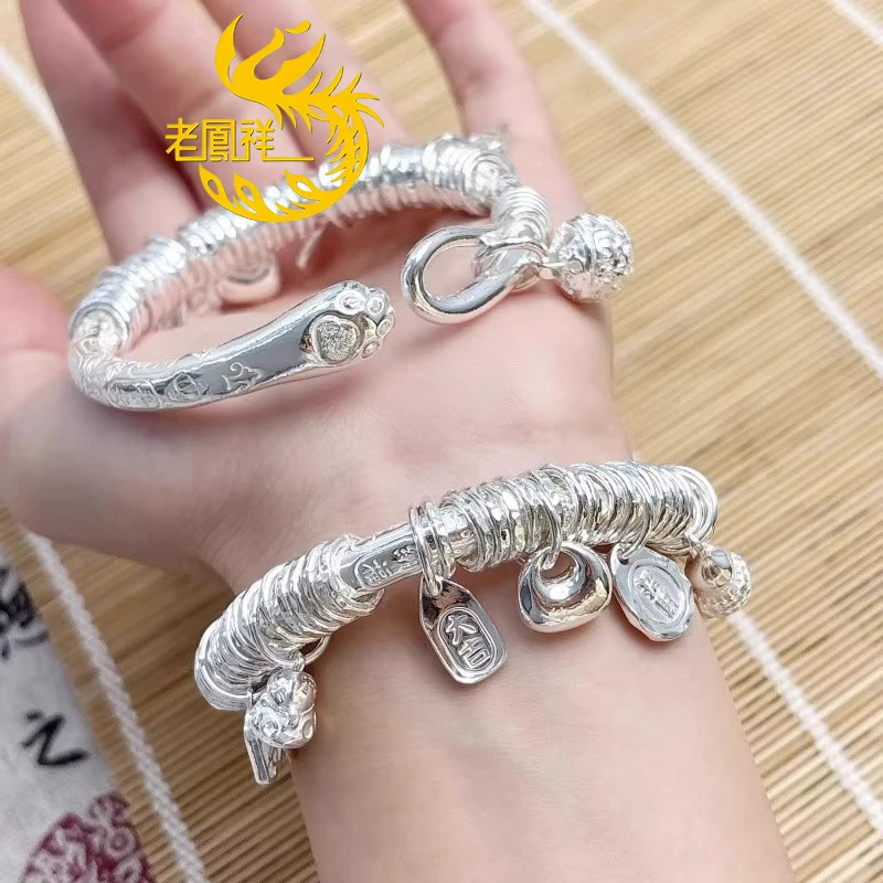 老凰祥足银999吉言盘缠猫爪手镯黄财神开口银镯子送女友生日礼物