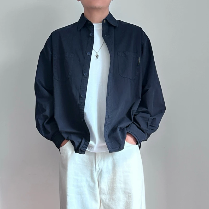 美式复古纯色衬衫男款纯棉宽松休闲工装牛仔长袖韩版衬衣外套春秋