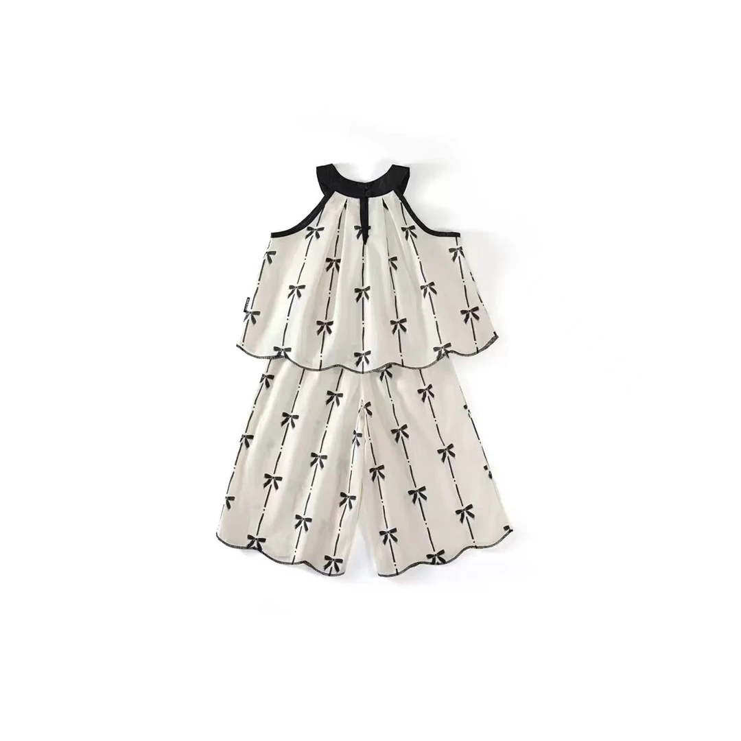 女童洋气夏季撞色锁骨领蝴蝶结印花长裤套装5537