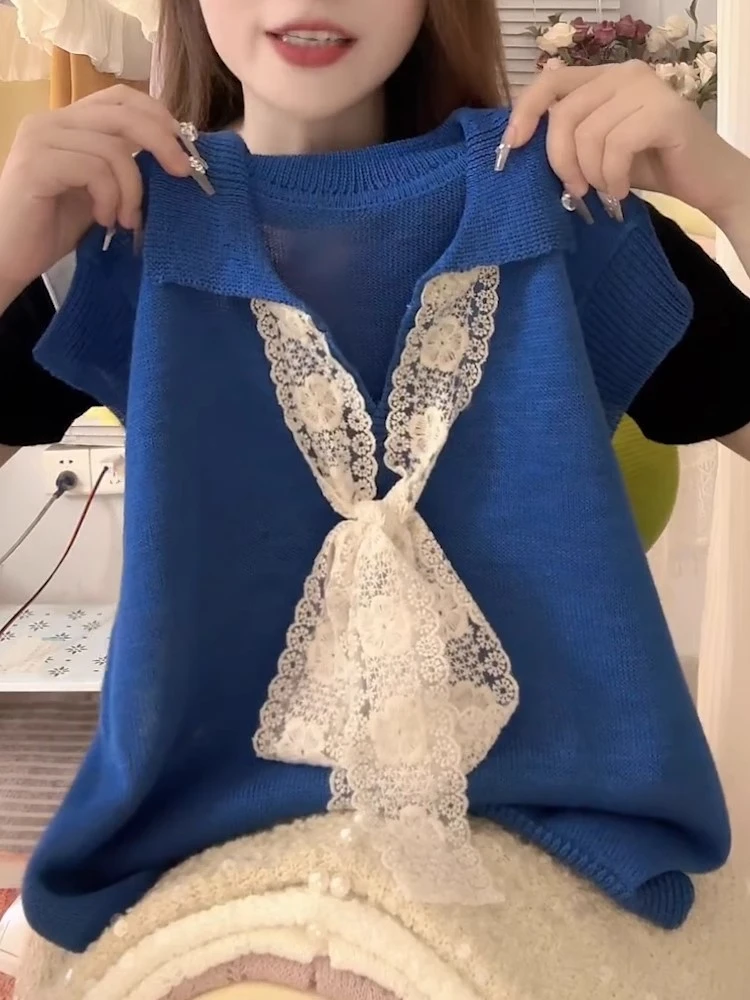 2025夏季新款设计感蕾丝绑带拼接翻领短袖针织衫女时尚洋气上衣
