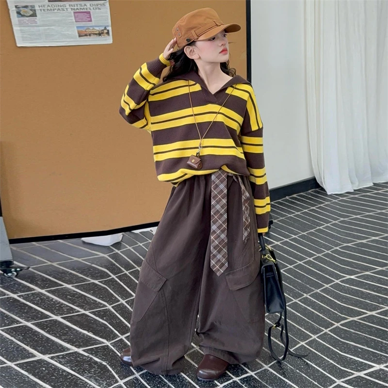 女童撞色条纹连帽长袖毛衣针织套装秋装2025新款女孩慵懒风穿搭潮