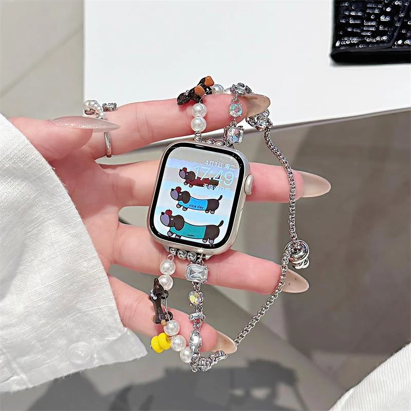 珍珠腊肠狗蝴蝶适用苹果s10手表带S9代iwatch8s765腕带少女透气潮