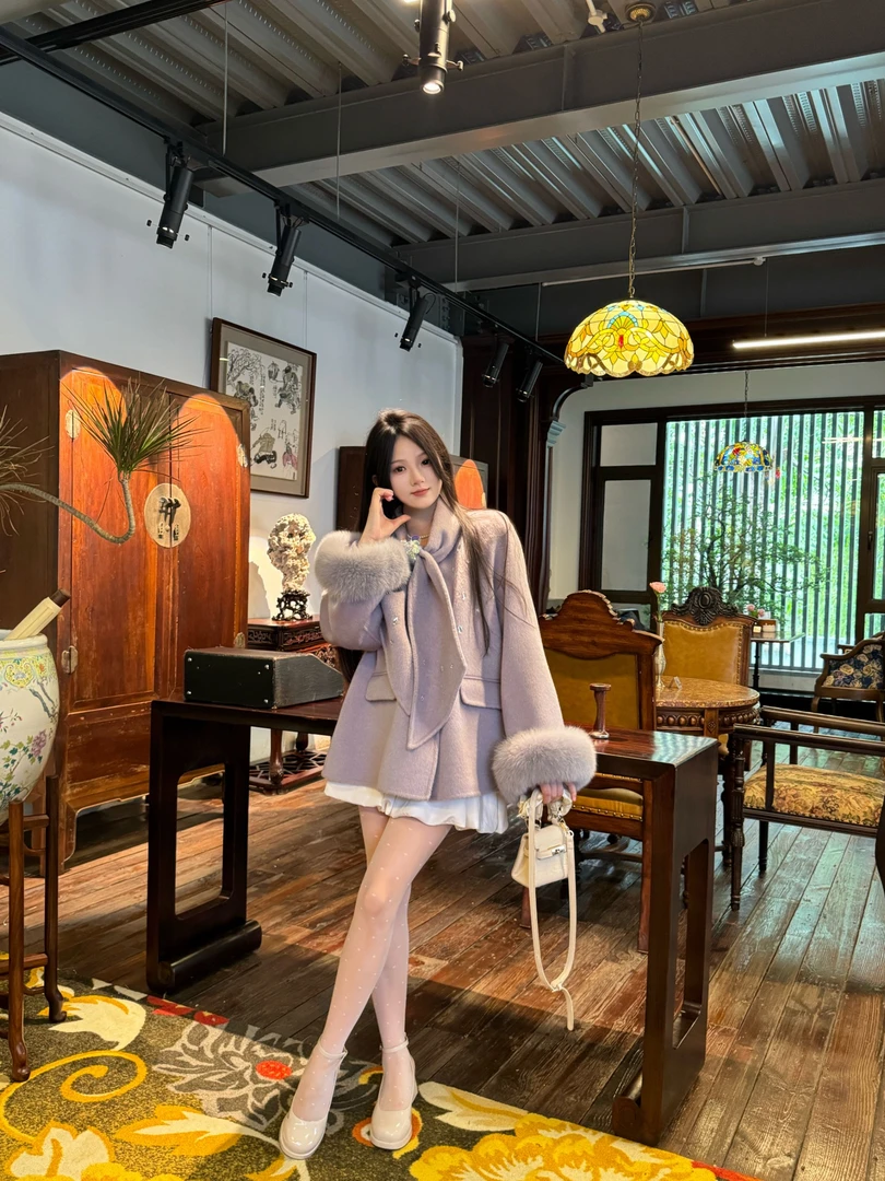 【星尘绒语】订染的颜色/订制的扣子/狐狸毛双面羊毛大衣女毛呢外套