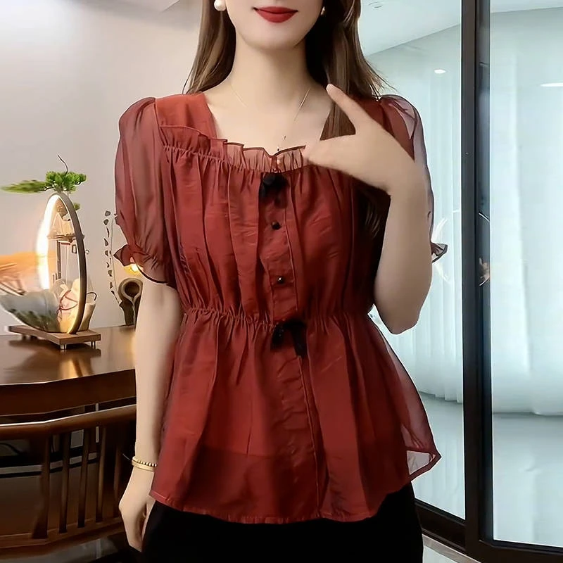 洋气时尚女装衬衫2025夏季新款韩版褶皱休闲收腰中年妈妈衬衣小衫