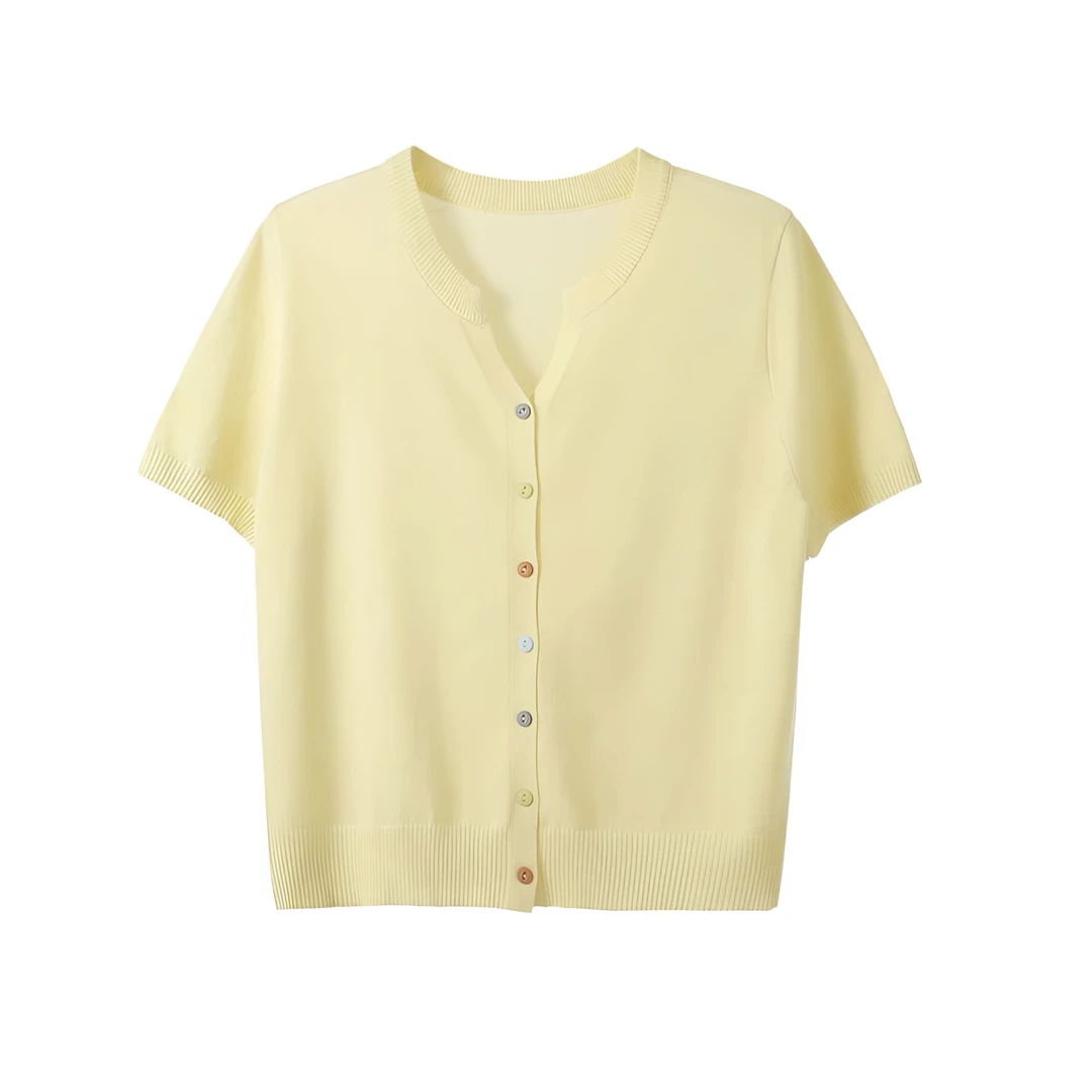 莱赛尔天丝彩扣开衫夏季短袖外搭减龄宽松气质上衣女时尚打底短款