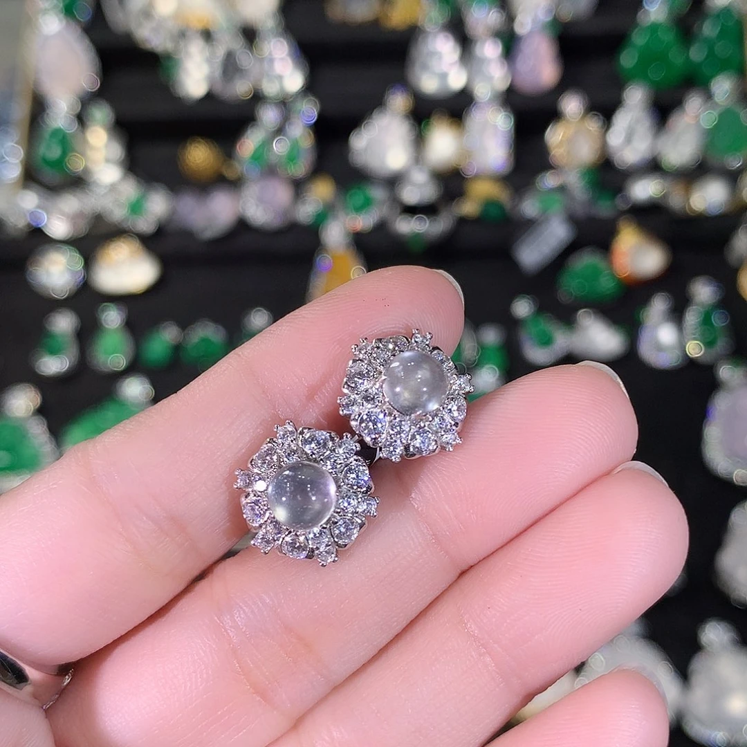 石英质玉银S925镶嵌耳钉