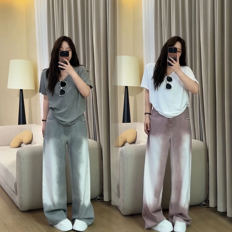 6105#大码扎染高腰阔腿牛仔裤女宽松春夏新款高端直筒裤子女