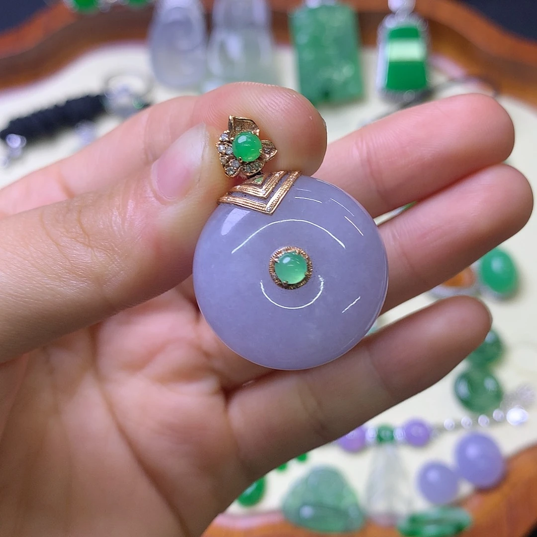 翡翠足金镶嵌吊坠(不含链)平安扣