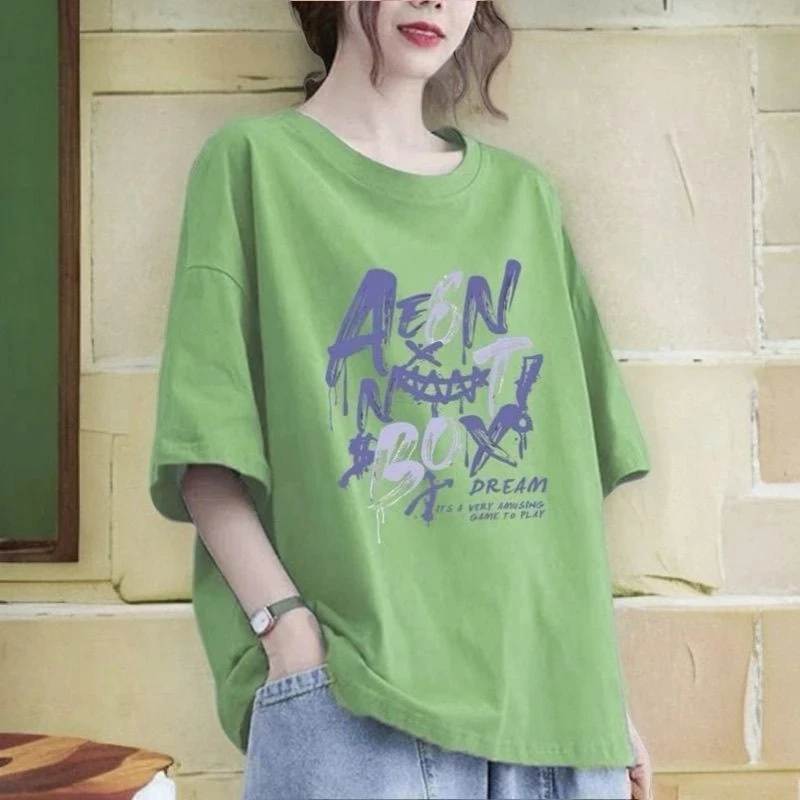 2025新款春季短袖T恤女大码显瘦宽松韩版时尚妈妈装百搭半袖