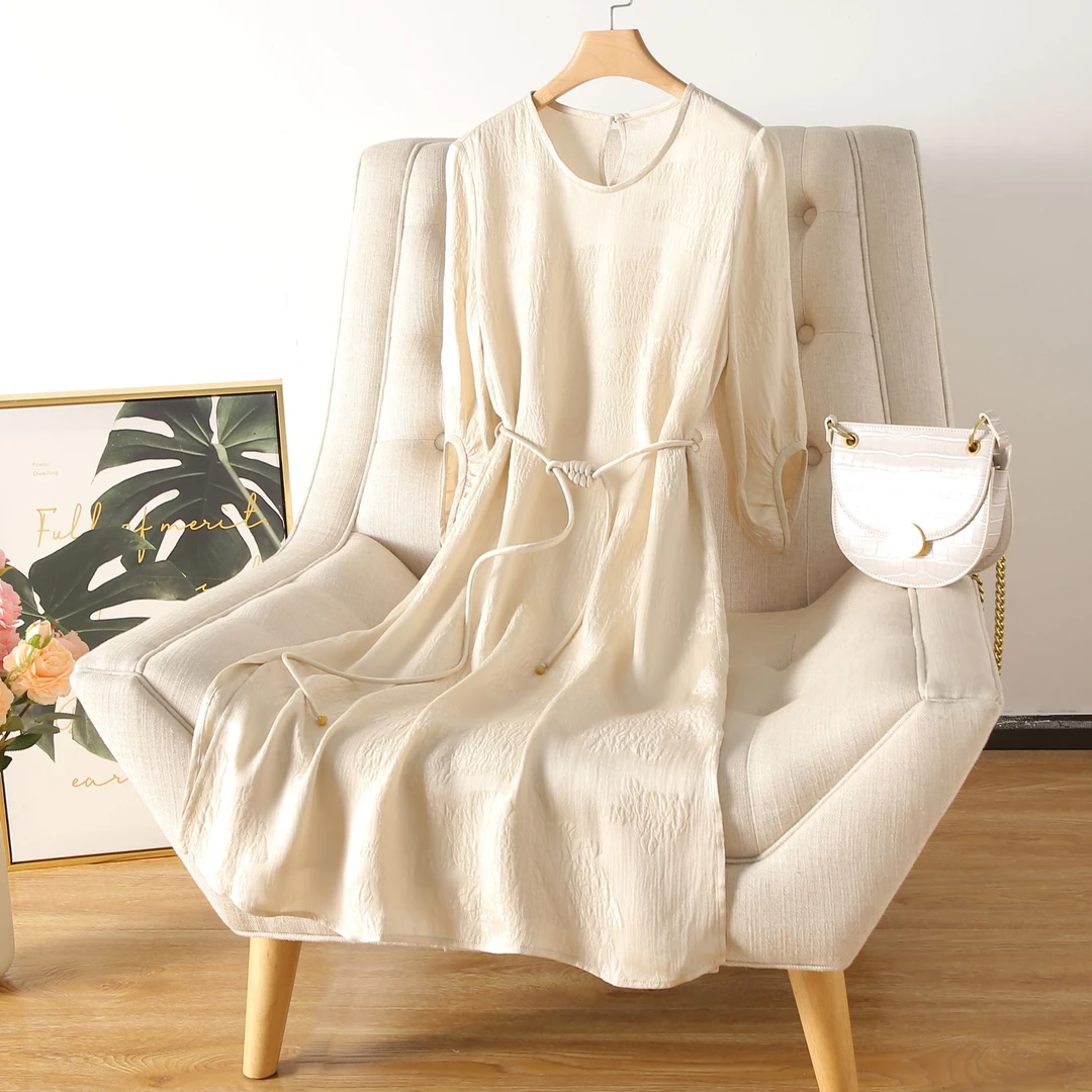 24姆米100%桑蚕丝夏季气质连衣裙纯色中长款收腰长裙裙子专柜面料