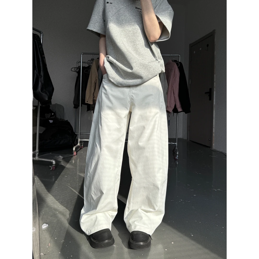 新款夏季简约纯白色小弯刀休闲裤男女宽松ins风直筒拖地裤西装裤