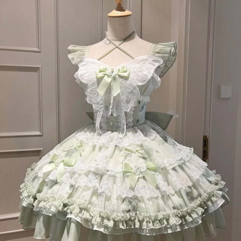 花期之约飞行日记Lolita白绿蝴蝶夏日感小清新公主少女生日短裙