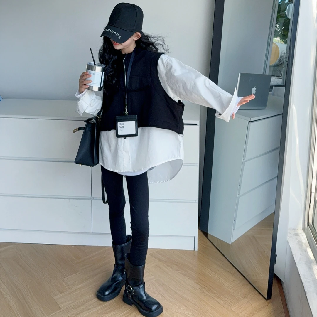 【酷哒仔】女童法式假两件衬衫打底裤子三件套装2025秋季中大童潮范