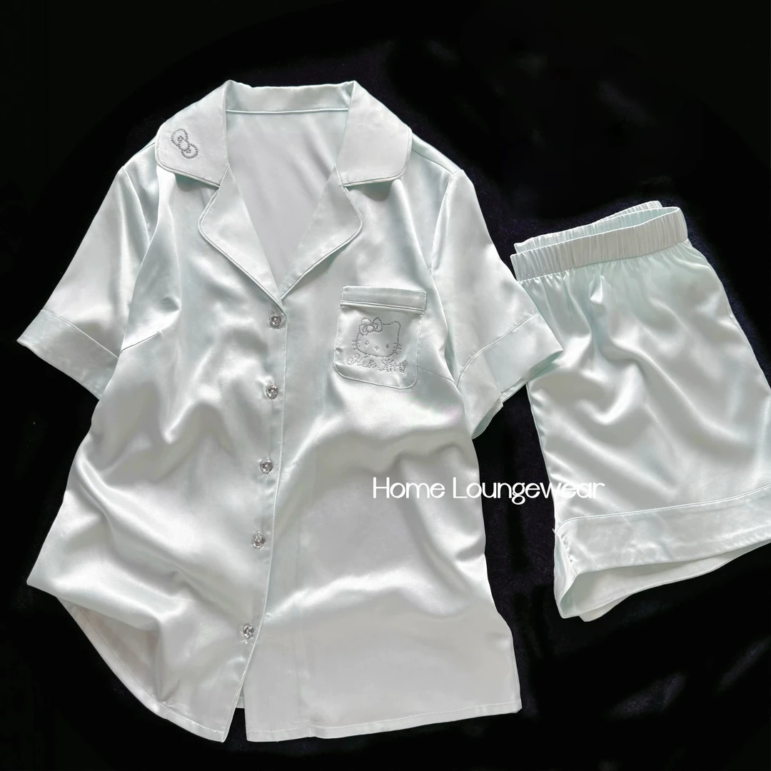 【流光薄荷Kitty】烫钻睡衣女珠光缎面冰丝短袖2025新款夏天77506