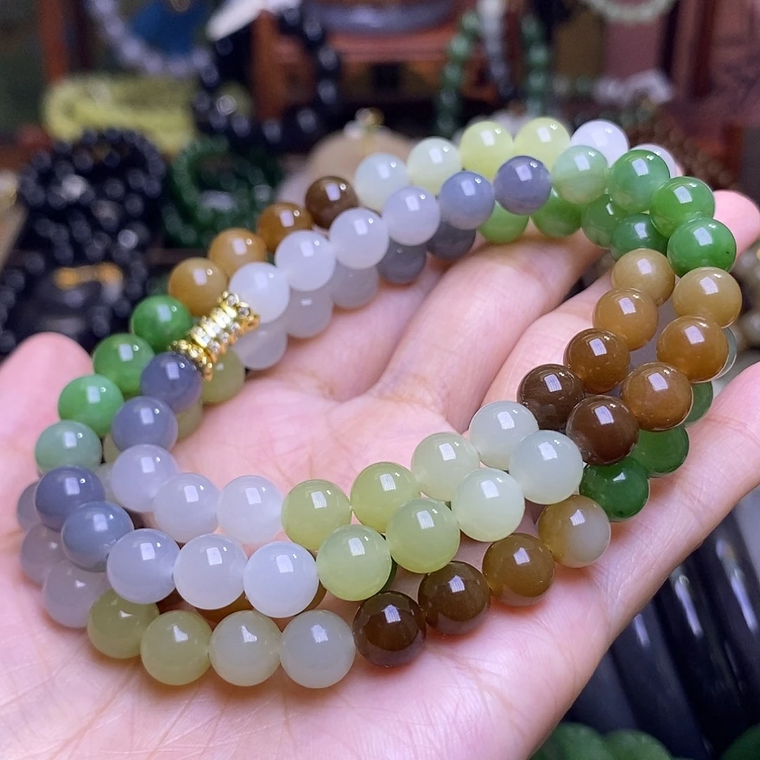 和田玉未镶嵌颈饰老矿料多宝佛珠链8m