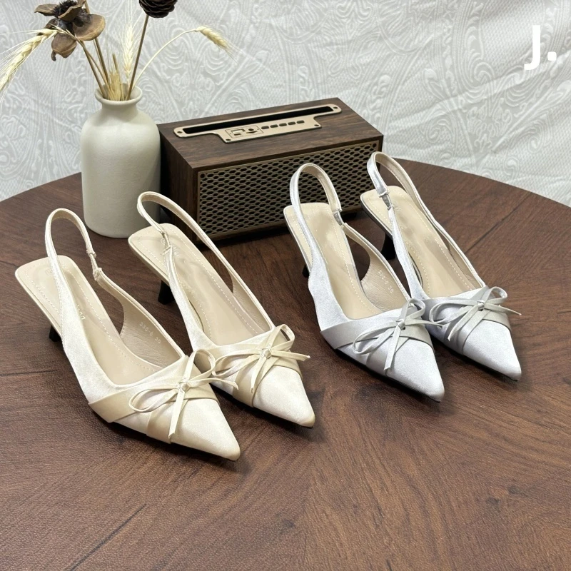 法式尖头蝴蝶结女细跟百搭凉鞋时尚高跟女鞋夏天女神穿裙子小高跟