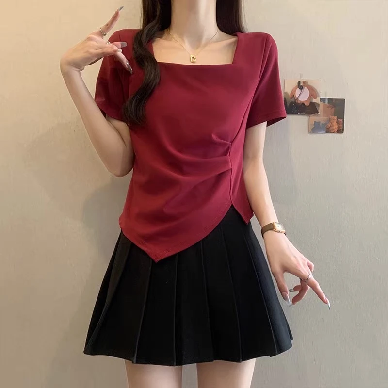 方领不规则正肩短袖女t恤夏2025新款大码胖mm遮肚子显瘦上衣打底