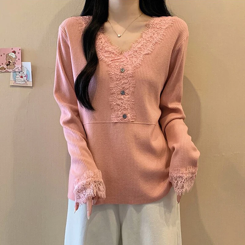 大码粉色毛衣女内搭可外穿胖mm宽松显廋洋气时尚蕾丝拼接黑色上衣