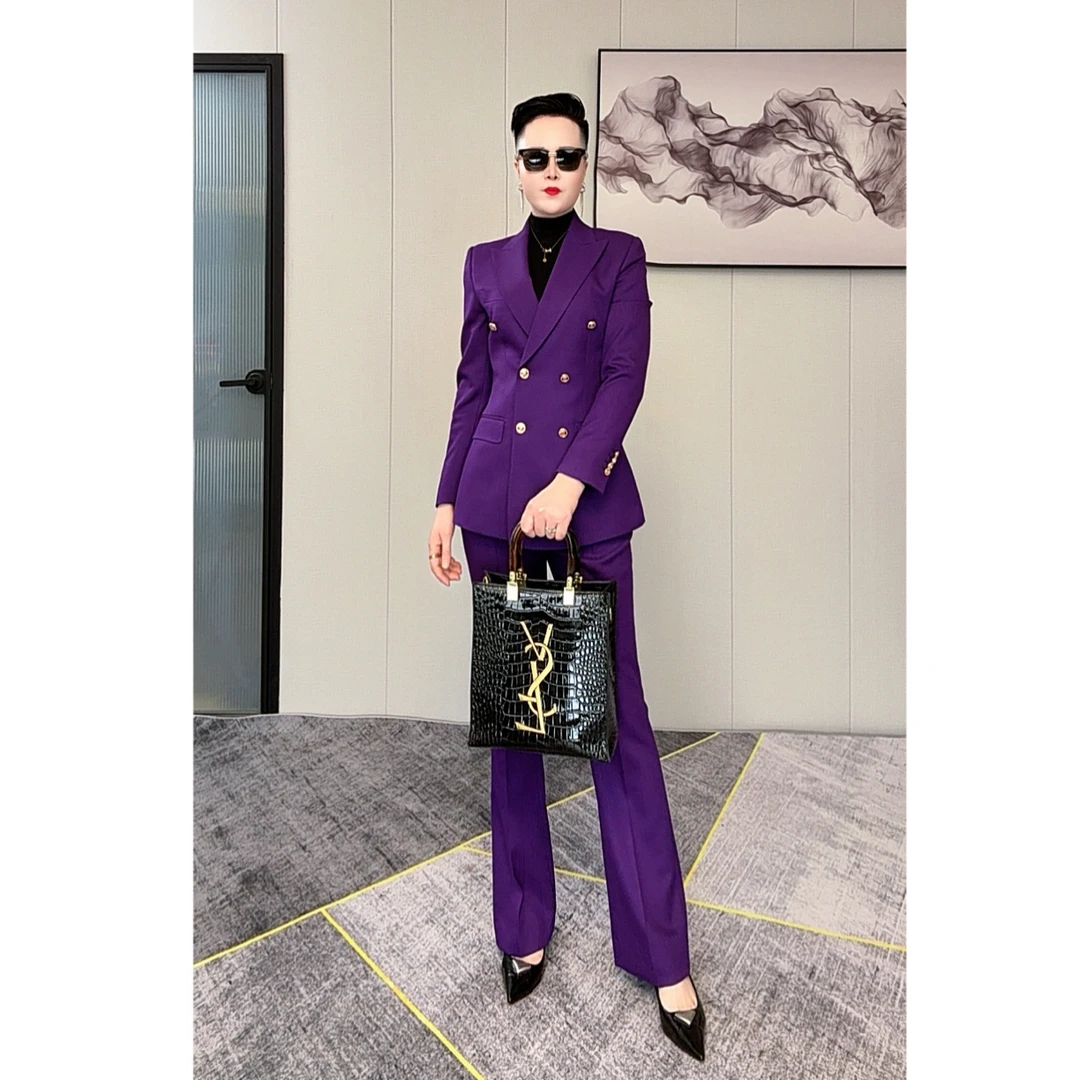 【白衣哥】新款紫色双排扣金属扣职业套装气质修身款