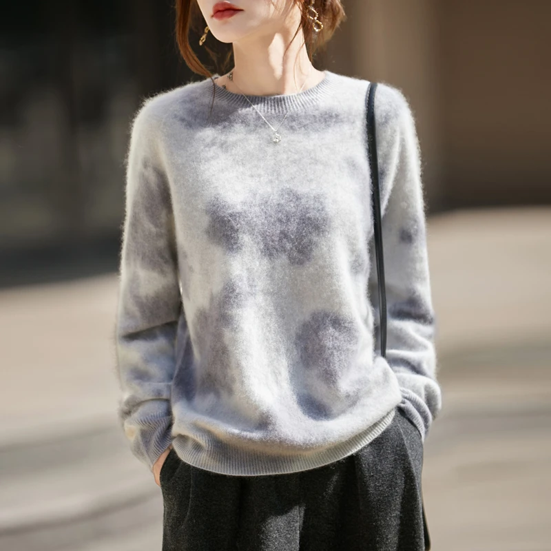 高端羊绒柔软拉毛羊毛衫百搭女士晕染时尚针织衫女加厚宽松打底衫