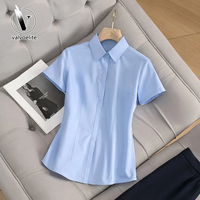 VALVOELITE蓝色短袖工装衬衫女夏季新款高级感白衬衣蓝色女士春秋