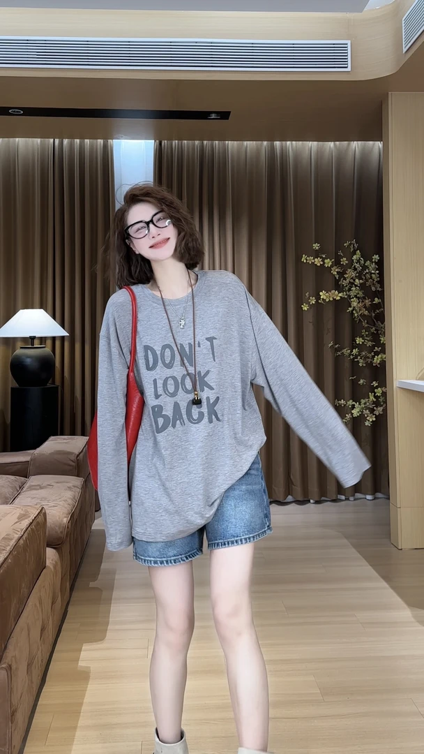 YYOUHAN 2025夏款小众设计极简风字母长袖亲肤T恤上衣 2504C2286