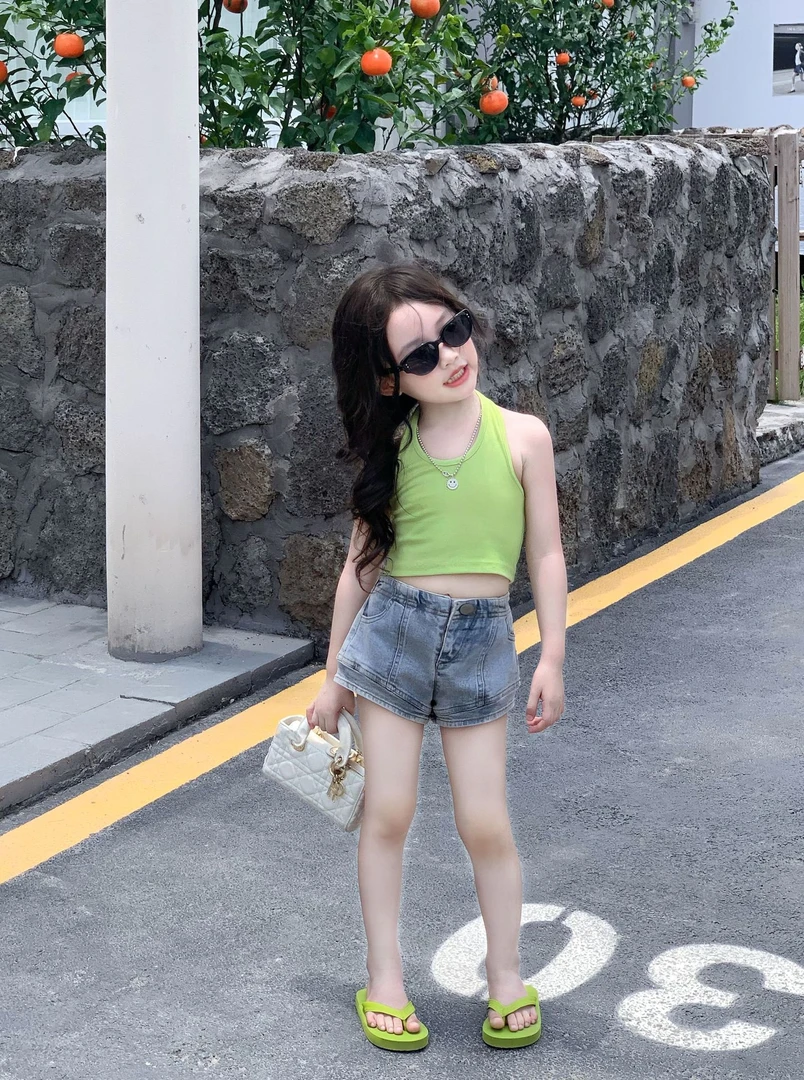 空空子.Studio【青提甘露】女童背心2025夏韩版挂脖吊带牛仔裤套装