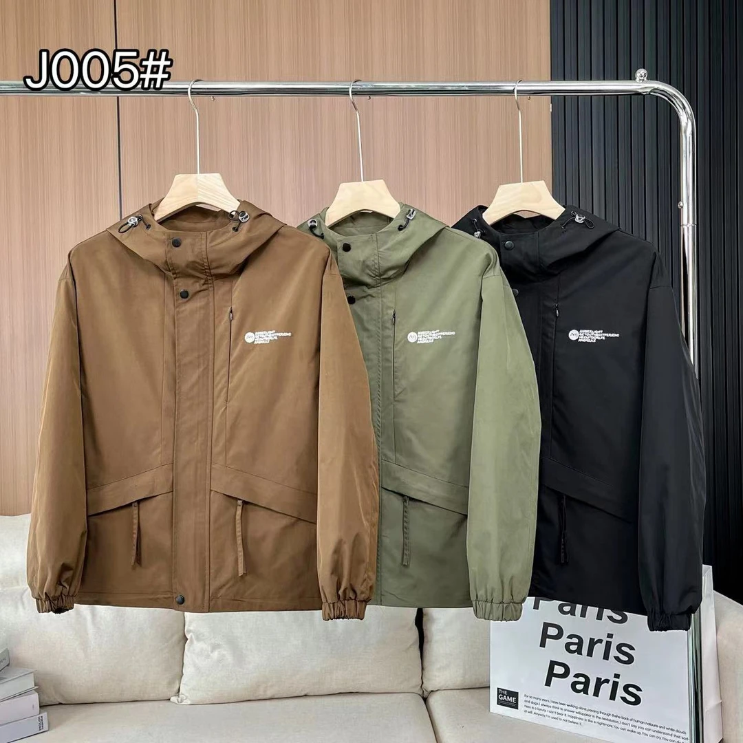 J005卡其G-春季上新时尚工装冲锋衣情侣款户外连帽夹克外套