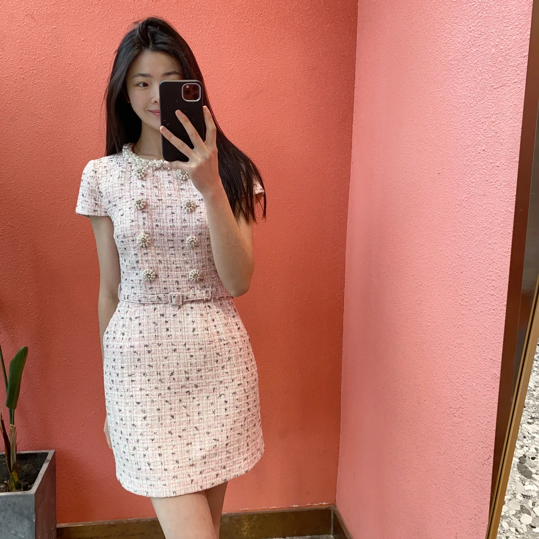 （默茗服装）小香风粗花呢短袖连衣裙