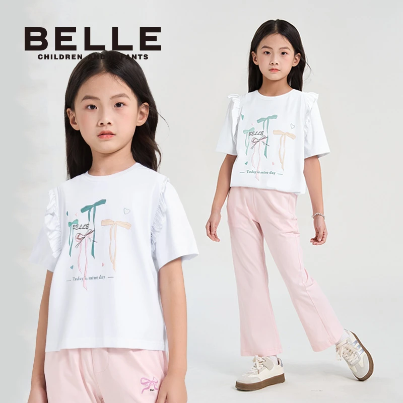 【花边袖短袖】百丽夏季短袖女童印花清爽亲肤圆领女潮流短袖T恤