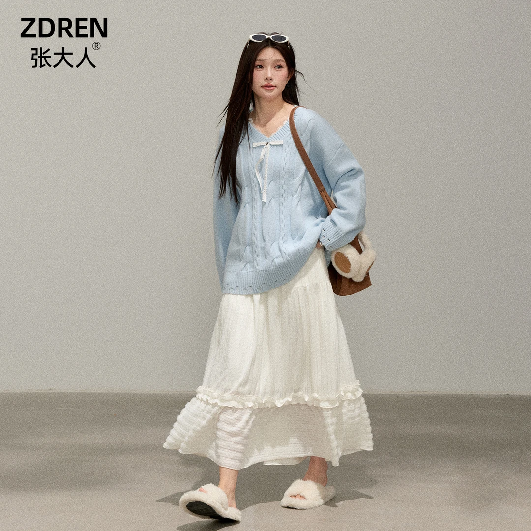 张大人【奶油蛋糕】大码女装微胖妹妹假两件蝴蝶结上衣搭纯白仙女裙