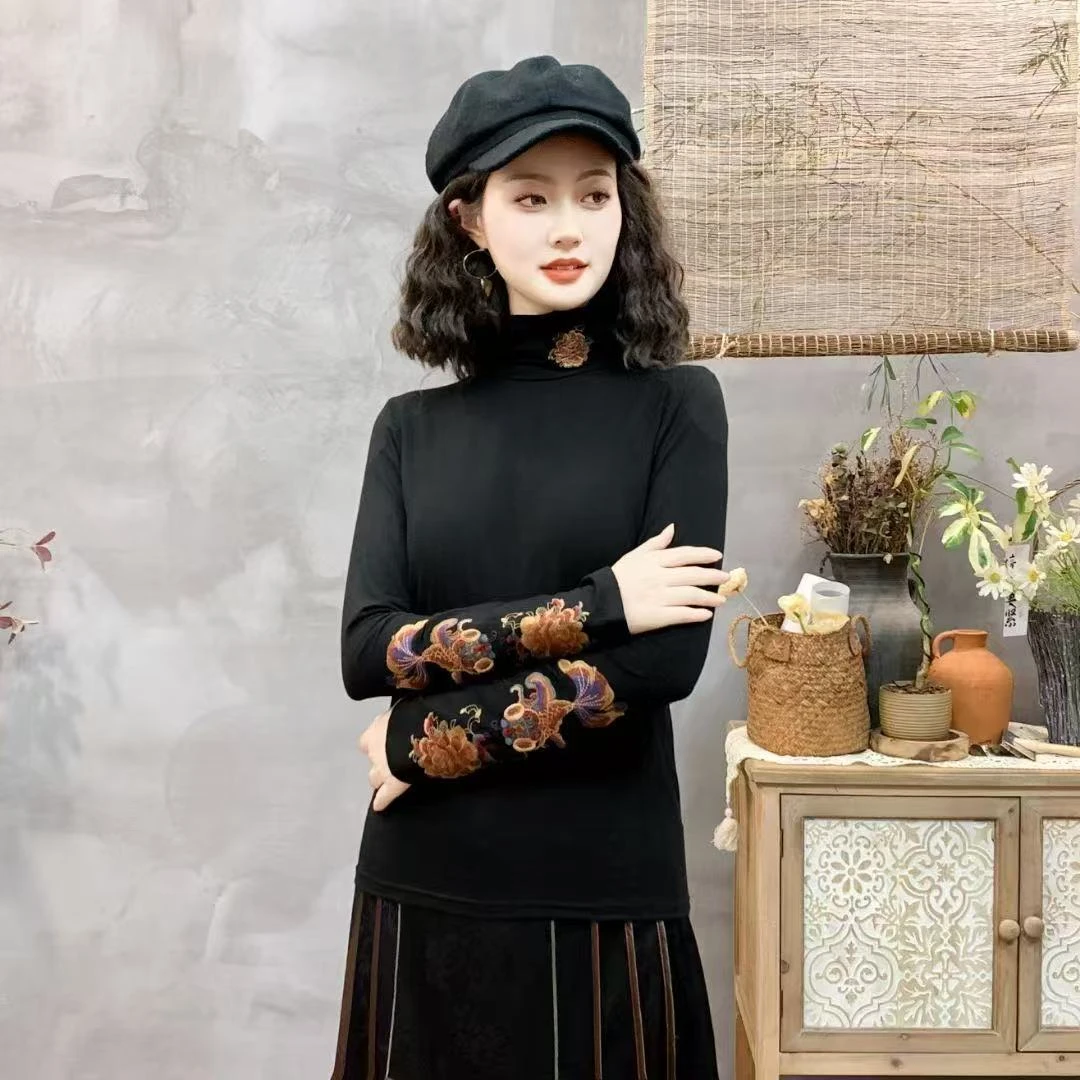 2025春秋新中式正版圆领高领女士上衣长袖【富贵锦鲤打底】刺绣T桖