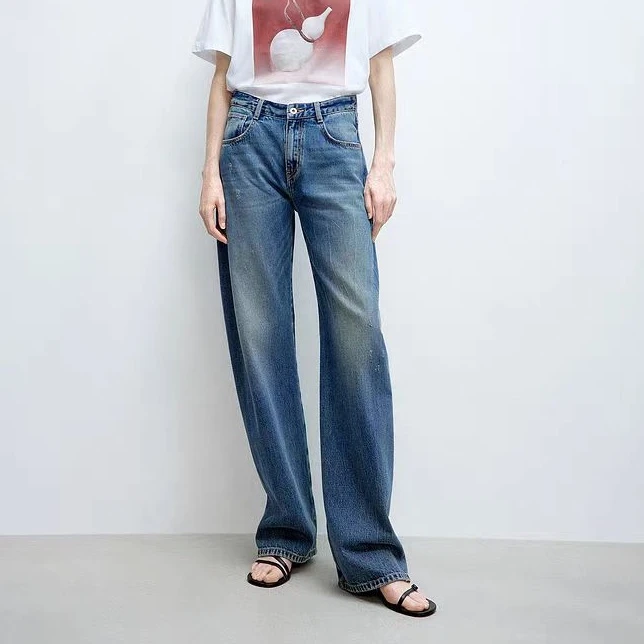 SC24486女士时尚休闲棉质复古弯刀阔腿牛仔裤