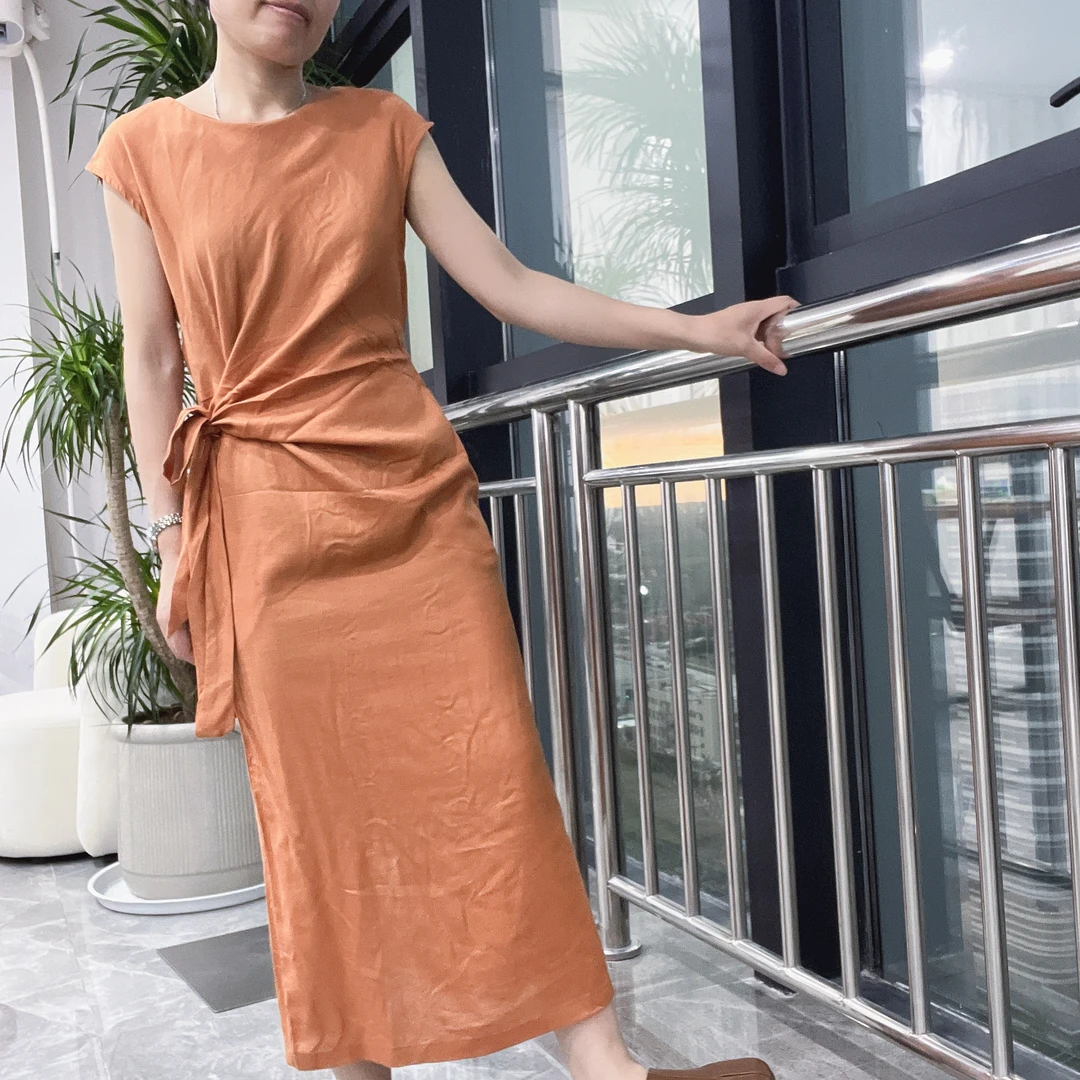 15%麻85%天丝~法式气质减龄小众设计收腰系带显瘦连衣裙女5139