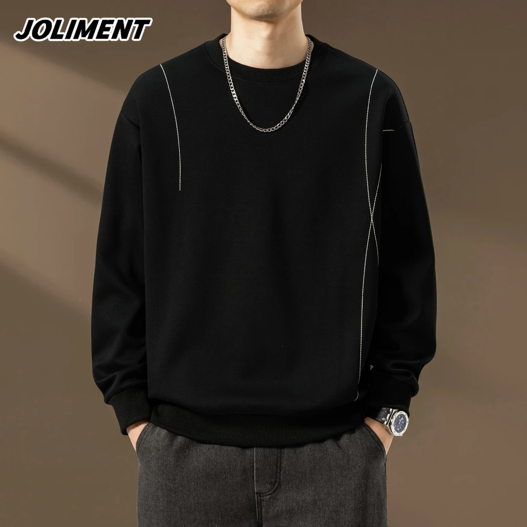 JOLIMENT男士明缉线圆领卫衣秋季宽松百搭套头纯色长袖打底上衣