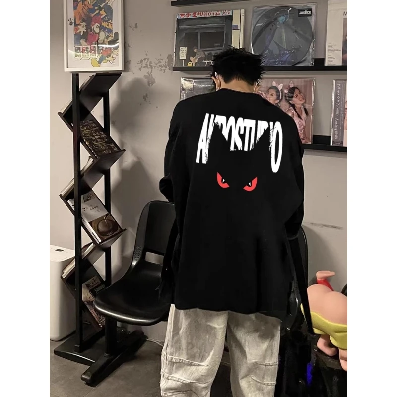 美式复古字母印花长袖T恤男秋季ins潮牌高街宽松纯棉重磅打底上衣