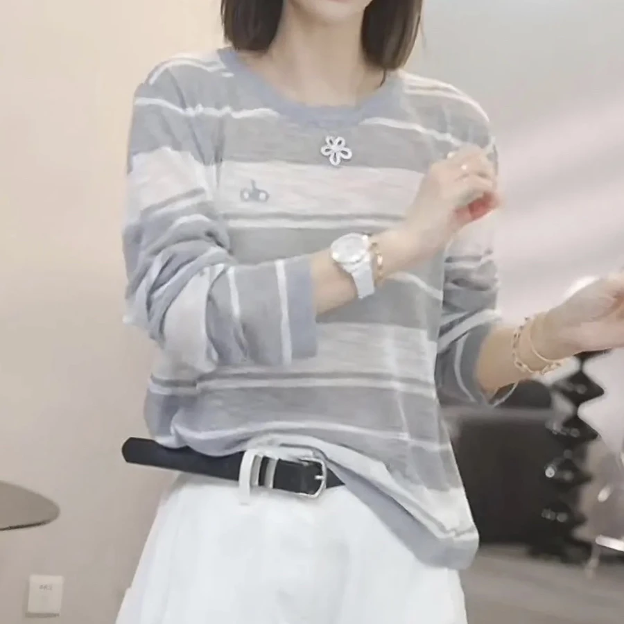 al欧女士针织条纹圆领衫